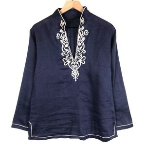 AMBER SUN 100% Linen Embroidered Tunic Top Sz M Blue Split Cuff Hem Shirt V-Neck